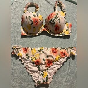 Shade & Shore White Floral Lemon Bikini Underwire Top Cheeky Bottoms 36D Large